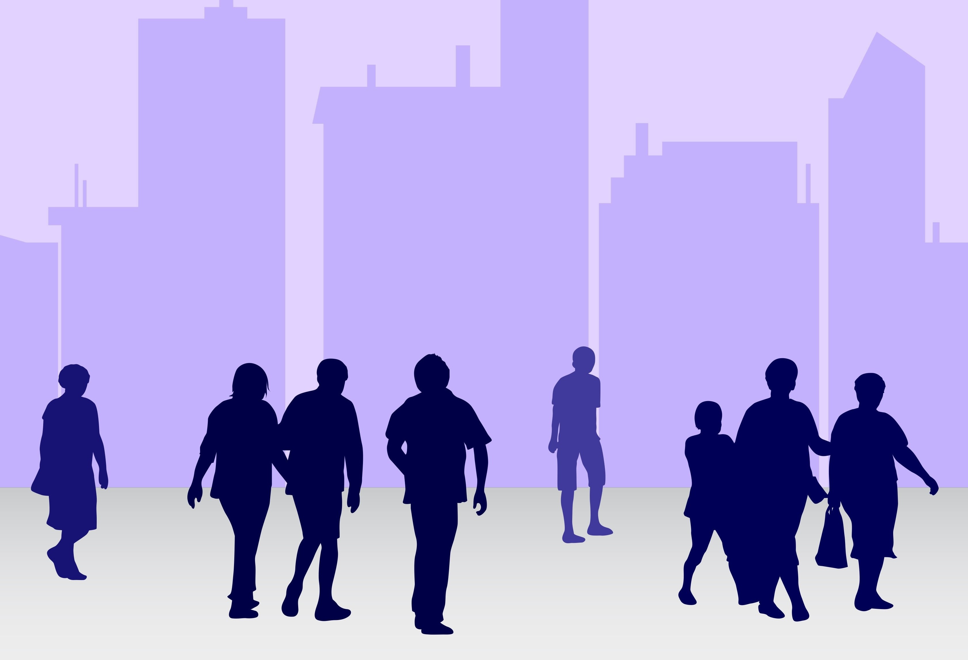 drawing of human silhouettes against a city backdrop